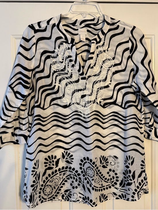 Chico's Tops - Chico's Black and White Wavy Paisley Embroidered Tunic